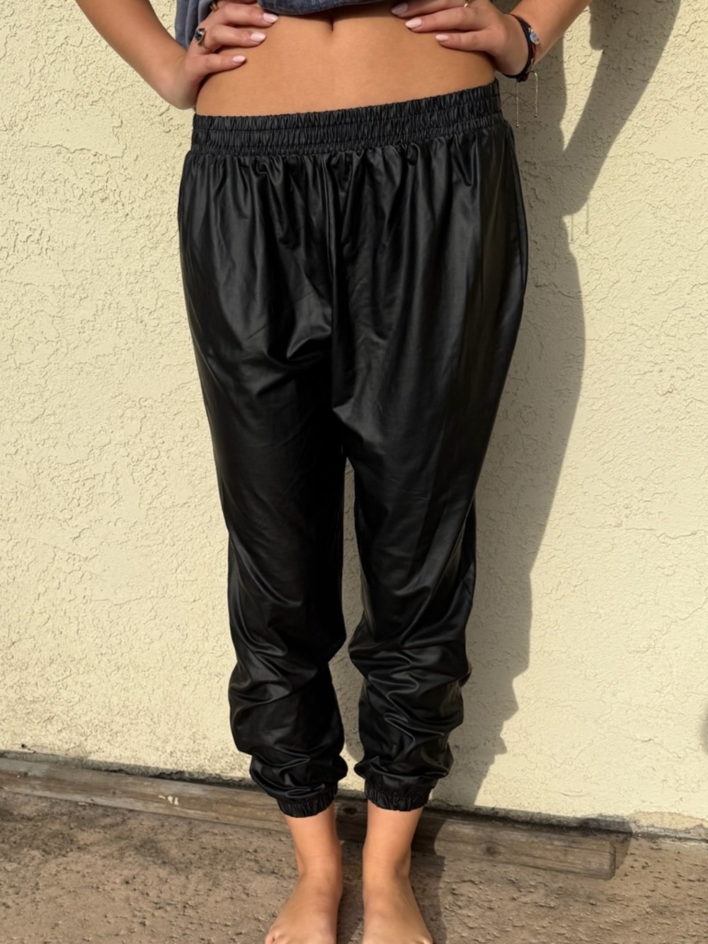 Black pleather joggers